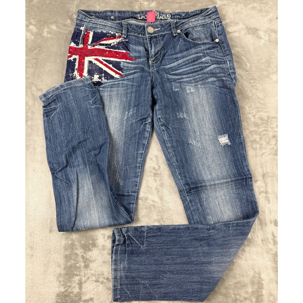 Almost Famous Union Jack Flag Graphic‎ Skinny Jeans Blue Denim Distressed 11/12